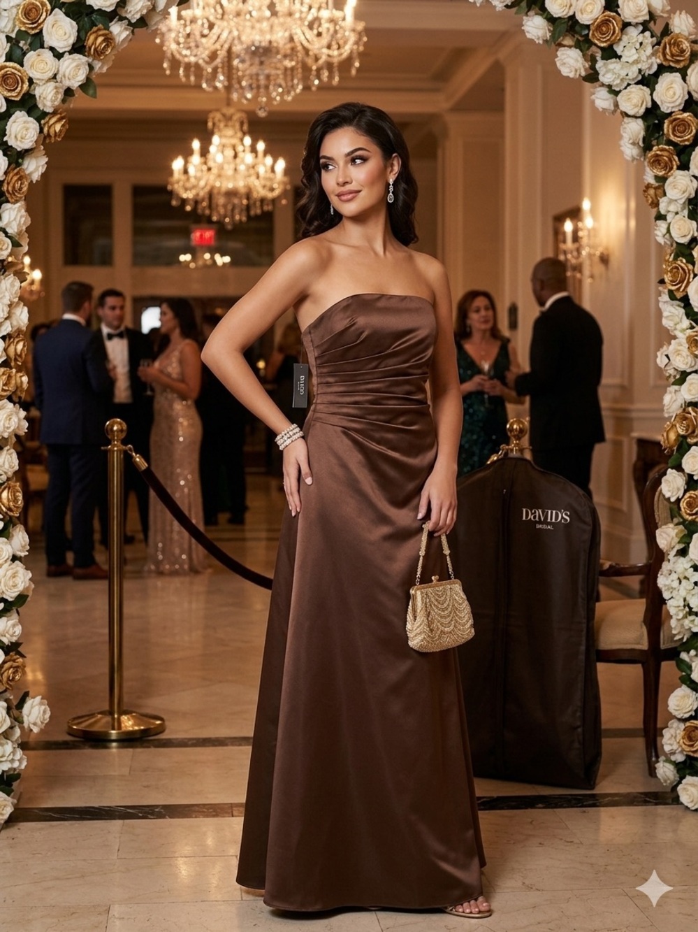JS Boutique Strapless Brown Satin Gown